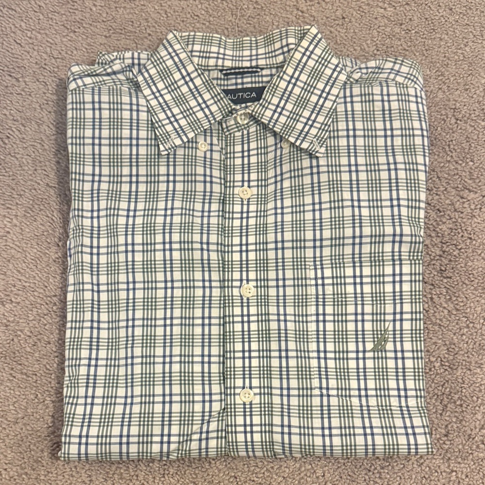 Nautica Men's Green and Blue Plaid Collared Shirt